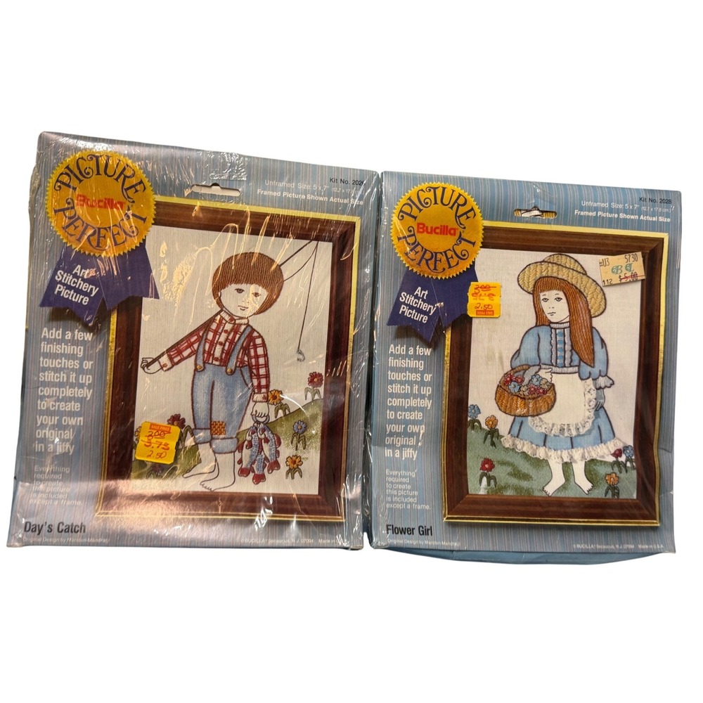 Vtg 2 Bucilla Picture Perfect Art Stichery Picture: Day's Catch & Flower  Girl